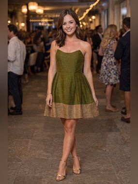 Olive Green Strapless Fit-and-Flare Dress with Metallic Hem 12 (#gossip girl)